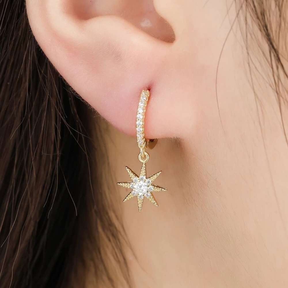 NEW Moon & Star CZ Gold Hoop Earrings -S925 - Picture 3 of 5